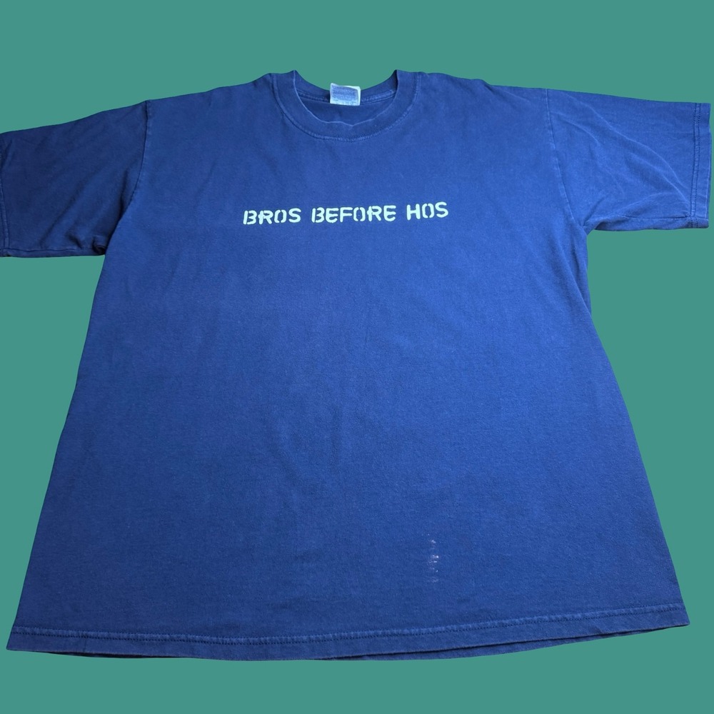 Bros Before Hos Mens L Graphic T Shirt Vintage Y2K 2000s Slogan Blue Crewneck